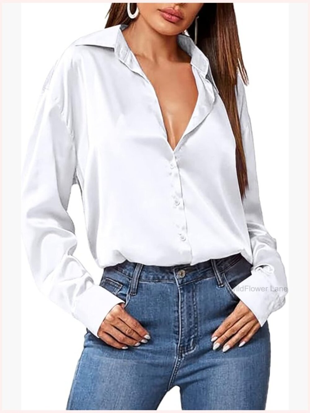 Long Sleeve Button Down Shirt V Neck Satin Blouse Tunic